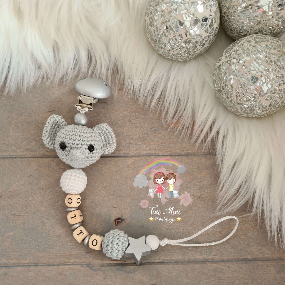 Schnullerkette Elefant Grau