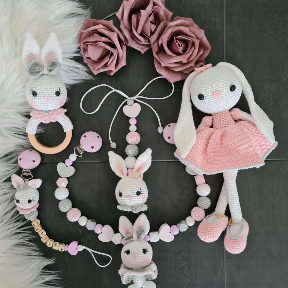 Baby-Set Hase Schlappohren rosa-weiß-grau