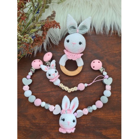 Baby-Set Hase Schlappohren rosa-weiß-grau